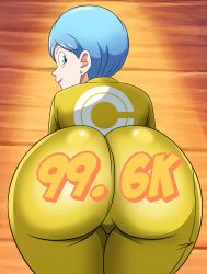Rule 34 | 1girl, absurdres, ass, ass focus, blue eyes, blue hair, bodysuit, bulma, come hither, dragon ball, dragon ball super, dragon ball super super hero, dragonball z, from behind, grimphantom, highres, huge ass, leaning, leaning forward, looking at viewer, looking back, naughty face, shiny clothes, short hair, skin tight, solo