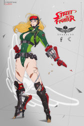 Rule 34 | 1girl, ammunition, ammunition pouch, artificial legs, belt, blonde hair, blue eyes, bodypaint, breasts, buckle, cammy white, camouflage, cleavage, clenched hand, collar, cyberpunk, goggles, goggles on head, green leotard, grey background, headset, high collar, highleg, highleg leotard, highres, leotard, long hair, looking at viewer, machinery, mechanical arms, mechanical legs, medium breasts, outstretched hand, park junkyu, parted lips, pouch, prosthesis, prosthetic arm, prosthetic leg, scar, shell casing, sideboob, single mechanical arm, solo, standing, strap, street fighter, thong leotard, unzipped