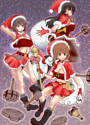 Rule 34 | 3girls, :o, alternate costume, anti-tank grenade, armpits, bell, belt, black belt, black choker, black footwear, black legwear, blunt bangs, boko (girls und panzer), bomb, boots, bow, breasts, brown eyes, brown hair, carrying over shoulder, choker, christmas, cleavage, closed mouth, combat boots, commentary request, convenient censoring, crop top, cross-laced footwear, dress, elbow gloves, explosive, floating, foreshortening, frilled dress, frills, from side, frown, fur-trimmed dress, fur-trimmed gloves, fur-trimmed jacket, fur-trimmed skirt, fur trim, girls und panzer, gloves, grenade, grey legwear, hafthohlladung, hand grenade, hand on own head, hat, high-explosive anti-tank (warhead), highres, holding, holding sack, holding weapon, jacket, lace, lace-up boots, lace trim, large breasts, leaning forward, leg up, light frown, long hair, looking at viewer, looking back, man-portable anti-tank systems, mature female, medium breasts, medium hair, microdress, midriff, mine (weapon), miniskirt, mother and daughter, multiple girls, navel, nishizumi maho, nishizumi miho, nishizumi shiho, open mouth, panzerfaust, pink bow, pleated skirt, recoilless gun, red gloves, red headwear, red jacket, red shirt, red skirt, running, sack, santa costume, santa gloves, santa hat, shirt, short hair, short sleeves, siblings, sisters, skirt, sleeveless, sleeveless jacket, socks, standing, standing on one leg, star (symbol), star ornament, starry background, stick grenade, stielhandgranate, straight hair, sweatdrop, throwing, underwear, weapon, yellow bow, yoyokkun