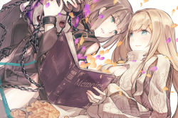Rule 34 | 1boy, 1girl, bad id, bad twitter id, blonde hair, blue eyes, blunt bangs, bob cut, book, breasts, brown eyes, cage, chain, cleavage, cleavage cutout, closed mouth, clothing cutout, cuffs, dress, flower, food, green eyes, gretel (sinoalice), hair flower, hair ornament, hairclip, hansel (sinoalice), holding, holding book, lantern, long hair, long sleeves, looking at another, moo alice moo, petals, petticoat, pie, puffy sleeves, rapunzel (sinoalice), shackles, short hair, sinoalice, smile, trap, very long hair