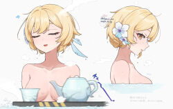 1girl bare_shoulders bathing blonde_hair breasts closed_eyes convenient_censoring cup feathers flower genshin_impact hair_flower hair_ornament lumine_(genshin_impact) medium_breasts multiple_views nude onsen open_mouth partially_submerged profile q_(oshikuraq) short_hair sidelocks solo steam teacup teapot water wet white_background white_flower yellow_eyes