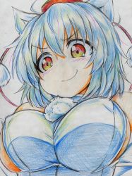 Rule 34 | 1girl, absurdres, animal ears, bad id, bad pixiv id, bare shoulders, breasts, close-up, colored pencil (medium), covered erect nipples, hat, highres, inubashiri momiji, kitazinger, large breasts, looking down, red eyes, short hair, smile, smirk, solo, tokin hat, touhou, traditional media, wolf ears