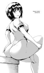 Rule 34 | 1girl, aoyama sumika, ass, ass focus, bare legs, barefoot, black hair, blush, breasts, character name, dated, female focus, from behind, leotard, looking at viewer, looking back, medium breasts, monochrome, open mouth, shiina nami, short hair, simple background, sitting, solo, thick thighs, thighs, white background