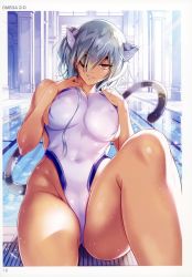 Rule 34 | 1girl, absurdres, animal ears, breasts, covered erect nipples, dark-skinned female, dark skin, eyepatch, grey hair, highres, large breasts, looking at viewer, omega 2-d, one-piece swimsuit, page number, parted lips, pool, poolside, purple eyes, scan, smile, solo, swimsuit, tail, thighs, toranoana, water drop