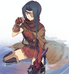 Rule 34 | 1girl, black hair, boots, brown cape, cape, closed mouth, dress, expressionless, gloves, highres, kanon (wild arms 2), kneeling, looking at viewer, miniskirt, parted bangs, purple eyes, red dress, scarf, short hair, simple background, skirt, solo, tarariko, thigh boots, thighhighs, white background, wild arms, wild arms 2, zettai ryouiki