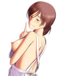 Rule 34 | 1girl, apron, blush, bonnie (rsg), breasts, brown hair, finger to mouth, half-closed eyes, light purple hair, long hair, looking back, naked apron, nipples, original, shoulder blades, smile, solo