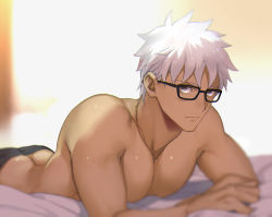 Rule 34 | 1boy, archer (fate), archer (summer casual) (fate), ass, butt crack, dark-skinned male, dark skin, emya, fate/grand order, fate/stay night, fate (series), glasses, grey eyes, looking at viewer, lying, male focus, on stomach, pectorals, short hair, solo, sunlight, topless male, white hair