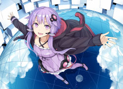 Rule 34 | 1girl, black hoodie, collarbone, criss-cross halter, dress, hair ornament, hair tubes, halterneck, headset, hood, hood down, hoodie, long sleeves, looking at viewer, open mouth, outstretched arms, purple dress, purple eyes, purple hair, purple thighhighs, sidelocks, solo, striped clothes, striped dress, striped thighhighs, thighhighs, toromera, vertical-striped clothes, vertical-striped dress, vertical-striped thighhighs, vocaloid, yuzuki yukari