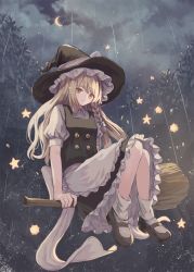 Rule 34 | 1girl, apron, bad id, bad pixiv id, black dress, black footwear, blonde hair, bow, braid, broom, broom riding, buttons, crescent moon, dress, frilled dress, frills, hair bow, hat, hat bow, highres, kirisame marisa, long hair, mary janes, moon, ookashippo, puffy sleeves, rain, shoes, short sleeves, socks, solo, star (symbol), touhou, tree, waist apron, white bow, white socks, witch hat, yellow eyes
