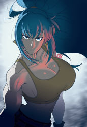 Rule 34 | 1girl, abs, absurdres, backlighting, bare arms, bare shoulders, biceps, blue eyes, blue hair, breasts, cleavage, cold, earrings, explosive, eyelashes, frown, gold earrings, grenade, hardkoba, high ponytail, highres, jewelry, large breasts, leona heidern, long hair, looking at viewer, midriff, muscular, muscular female, ponytail, simple background, sleeveless, solo, tank top, the king of fighters, the king of fighters xiv, the king of fighters xv, vest, yellow tank top, yellow vest