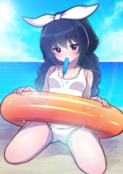Rule 34 | 1girl, absurdres, alternate hairstyle, artist name, beach, black hair, blue sky, braid, brown eyes, cloud, cloudy sky, commentary, crotch seam, dated, day, food, food in mouth, full body, girls und panzer, hair ribbon, highres, horizon, innertube, itsumip, long hair, looking at viewer, low twintails, ocean, one-piece swimsuit, outdoors, popsicle, reizei mako, ribbon, signature, sitting, sky, solo, sun, swim ring, swimsuit, twin braids, twintails, wariza, wet, white one-piece swimsuit, white ribbon