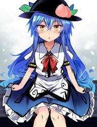 Rule 34 | 1girl, :o, arm support, black hat, blouse, blue hair, blue skirt, blush, bow, bowtie, center frills, collarbone, commentary request, e.o., feeding, food, frills, fruit, gradient background, grey background, hair between eyes, hat, highres, hinanawi tenshi, leaf, long hair, looking at viewer, parted lips, peach, petticoat, puffy short sleeves, puffy sleeves, red bow, red bowtie, red eyes, shirt, short sleeves, sitting, sketch, skirt, solo, touhou, very long hair, white background, white shirt