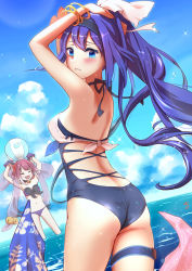 Rule 34 | 2girls, animal ears, ass, back, ball, bare shoulders, beach, beachball, bell, bikini, bikini top only, black hairband, blue eyes, blue hair, blue one-piece swimsuit, blush, bracelet, cat ears, cat girl, cat tail, collar, contrapposto, day, flower, front-tie bikini top, front-tie top, hair flower, hair ornament, hairband, hands on own head, hibiscus, high ponytail, highres, jewelry, long hair, looking at viewer, mifuyu (princess connect!), mifuyu (summer) (princess connect!), multiple girls, multiple tails, neck bell, ocean, one-piece swimsuit, open mouth, outdoors, pink bikini, ponytail, princess connect!, purple bikini, purple eyes, side-tie bikini bottom, sparkle, swimsuit, sylvaniaf, tail, tamaki (princess connect!), tamaki (summer) (princess connect!), thigh strap, very long hair, wading, water, water drop