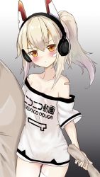 Rule 34 | 1girl, artist request, ayanami (azur lane), ayanami (niconico) (azur lane), azur lane, bad id, bad pixiv id, blush, breasts, cleavage, collarbone, derivative work, headphones, highres, looking at viewer, mechanical ears, niconico, pillow, red eyes, shirt, short ponytail, simple background, t-shirt, thighs, white hair