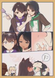 3girls absurdres animal_ears bang_dream! bang_dream!_it&#039;s_mygo!!!!! black_hair blonde_hair blush brown_hair cat_ears cat_girl chocolate_statue commentary dog_ears dog_girl ear_blush food green_eyes green_neckerchief highres kemonomimi_mode licking_another&#039;s_finger long_hair medium_hair misumi_uika mole mole_under_eye multiple_girls neckerchief purple_eyes purple_neckerchief shiina_taki sweatdrop symbol-only_commentary tenrouza_ray togawa_sakiko yahata_umiri yuri