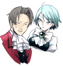 Rule 34 | 1boy, 1girl, ace attorney, ascot, black vest, blue eyes, blue hair, closed eyes, closed mouth, franziska von karma, grey hair, hair intakes, jacket, long sleeves, looking at another, miles edgeworth, minashirazu, mole, mole under eye, open mouth, red jacket, shirt, short hair, simple background, upper body, vest, white background, white shirt