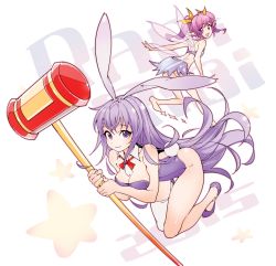 Rule 34 | 2girls, animal ears, artist request, breasts, detached collar, erina (rabi-ribi), fairy wings, fake animal ears, hair ribbon, hammer, long hair, looking at viewer, multiple girls, pink hair, playboy bunny, pointy ears, purple eyes, purple hair, rabbit ears, rabbit tail, rabi-ribi, ribbon, ribbon (rabi-ribi), single thighhigh, smile, tail, thighhighs, twintails, wings