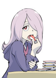 Rule 34 | 10s, 1girl, eating, food, hair over one eye, half-closed eyes, little witch academia, long hair, name connection, open mouth, plate, pun, red eyes, robe, simple background, sucy manbavaran, sushi, ueyama michirou, white background