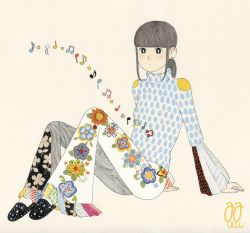 Rule 34 | 1girl, awai880, beamed eighth notes, black eyes, black footwear, blunt bangs, blush, bright pupils, earrings, eighth note, floral print, flower, grey hair, jewelry, knees up, long hair, long sleeves, musical note, original, pants, ponytail, print pants, print shirt, quarter note, red flower, shirt, shoes, signature, simple background, solo, star (symbol), tan background, white pupils