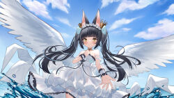 Rule 34 | 1girl, absurdres, alternate costume, angel wings, animal ear fluff, animal ears, azur lane, bare shoulders, black hair, blue bow, blue flower, blue sky, blunt bangs, blush, bow, byx, closed mouth, cloud, cloudy sky, cowboy shot, crown, day, dress, evening gown, feathered wings, flat chest, floating hair, flower, fox ears, fox girl, frilled dress, frills, hair bow, hair ornament, hand on own chest, highres, long hair, looking at viewer, low wings, mini crown, nagato (azur lane), nagato (guardian fox&#039;s procession) (azur lane), ocean, off shoulder, official alternate costume, outdoors, outstretched arm, outstretched hand, ribbon, rose, see-through, see-through dress, see-through silhouette, sidelocks, sky, sleeveless, sleeveless dress, smile, solo, standing, strapless, strapless dress, twintails, wading, water, white dress, white wings, wings, wrist cuffs, yellow eyes