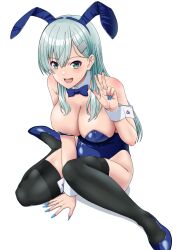 Rule 34 | 1girl, alternate costume, animal ears, aqua eyes, aqua hair, bare shoulders, black thighhighs, blue footwear, blue leotard, blush, bow, bowtie, breasts, cleavage, covered navel, detached collar, fake animal ears, hair between eyes, hair ornament, hairclip, high heels, highleg, highleg leotard, highres, kantai collection, large breasts, leotard, long hair, looking at viewer, mikan 29344886, nail polish, open mouth, playboy bunny, rabbit ears, sitting, smile, solo, strapless, strapless leotard, suzuya (kancolle), thighhighs, traditional bowtie, wrist cuffs