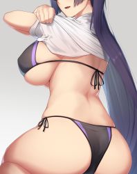 Rule 34 | 1girl, absurdres, ass, bikini, black bikini, breasts, clothes lift, enosan, fate/grand order, fate (series), from behind, gradient background, head out of frame, highres, huge breasts, kneeling, long hair, looking back, minamoto no raikou (fate), open mouth, purple hair, shirt, shirt lift, short sleeves, side-tie bikini bottom, sideboob, skindentation, solo, swimsuit, very long hair, white shirt