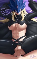 Rule 34 | abs, arms up, artist name, assertive female, bed, bed sheet, beelstarmon, belt, black coat, black pants, blonde hair, breasts, clitoris, coat, crop top, digimon, digimon (creature), english text, erection, extra eyes, eye mask, gloves, glowing, glowing eyes, gluteal fold, grin, groin, half-closed eyes, herunite, highres, huge breasts, lips, lipstick, long hair, long sleeves, looking at viewer, lying, makeup, mask, midriff, missionary, monster girl, naughty face, navel, no panties, on back, open clothes, open coat, pants, penis, pov, purple eyes, purple lips, pussy, revealing clothes, sex, slit pupils, smile, solo focus, spread legs, stomach, third eye, toned, torn clothes, torn pants, turtleneck, uncensored, underboob, underwear, underwear only, vaginal, very long hair, zipper