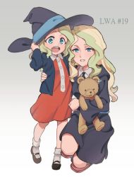 Rule 34 | 10s, 2girls, age comparison, aged down, blue eyes, blush, boots, collared shirt, diana cavendish, dress, full body, green hair, hand on headwear, hat, kneeling, little witch academia, long hair, long sleeves, looking at viewer, miyazaki shiori, multiple girls, open mouth, round teeth, shirt, smile, standing, stuffed animal, stuffed toy, teddy bear, teeth, text focus, time paradox, wide sleeves, witch hat