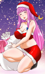 Rule 34 | 1girl, bare legs, bare shoulders, belly, black footwear, blunt bangs, blush, breasts, christmas, cleavage, collarbone, commentary, covered erect nipples, crescent, eyelashes, full body, fur trim, gift bag, hair ribbon, half-closed eyes, hat, highres, kneeling, large breasts, light particles, lips, long hair, looking at viewer, midriff, miniskirt, navel, panties, pantyshot, parted lips, patchouli knowledge, pink panties, plump, purple background, purple eyes, purple hair, red hat, red skirt, ribbon, santa costume, santa hat, shiraue yuu, sidelocks, skirt, sleeveless, smile, solo, sparkle, straight hair, strapless, thick thighs, thighs, touhou, tress ribbon, tube top, underwear