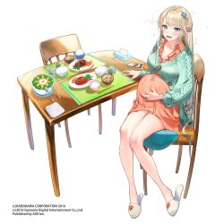 Rule 34 | 1girl, bare legs, belly, blonde hair, blue eyes, blush, bowl, braid, buttons, cardigan, cellphone, cellphone charm, chair, charm (object), chopstick rest, chopsticks, collared dress, company name, dress, food, full body, hair ornament, half updo, hand on own stomach, jewelry, kansen x shoujo, knees together feet apart, kodama (wa-ka-me), legs, long hair, long sleeves, looking at viewer, meal, meat, mishijima ayane, open mouth, orange dress, partially unbuttoned, phone, pregnant, rice, rice bowl, ring, salad, sandals, short dress, simple background, sitting, slippers, smartphone, smile, solo, soup, sparkle, table, tissue box, very long hair, watermark, wedding band, white background