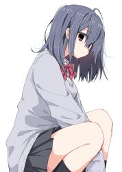 Rule 34 | 1girl, ahoge, arms between legs, black eyes, black skirt, black socks, blue hair, bow, bowtie, closed mouth, dark blue hair, expressionless, grey shirt, hair between eyes, highres, light blush, long hair, long sleeves, looking at viewer, looking to the side, matsuda hikari, no pupils, original, pleated skirt, red bow, red bowtie, school uniform, shirt, simple background, single sidelock, skirt, socks, solo, squatting, thighs, white background