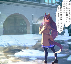 Rule 34 | 2girls, animal ears, black gloves, black legwear, blue bow, blue eyes, blush, bow, braid, brown coat, brown hair, coat, commentary request, day, full body, gloves, hair between eyes, hair bow, heart, highres, horse ears, horse girl, horse tail, long hair, looking at viewer, multiple girls, open mouth, outdoors, pantyhose, peeking out, red scarf, reihou19, scarf, signature, snow, snowman, solo focus, super creek (umamusume), tail, tamamo cross (umamusume), translation request, umamusume, very long hair