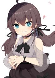 Rule 34 | 1girl, ahoge, bare shoulders, black bow, black bowtie, black choker, black ribbon, blouse, blue eyes, bow, bow skirt, bowtie, brown hair, brown skirt, choker, clothing cutout, collared shirt, earrings, flower earrings, grey shirt, grin, hair between eyes, hair ribbon, heart, high-waist skirt, hololive, jewelry, lace, lace sleeves, looking at viewer, medium hair, nail polish, natsuiro matsuri, natsuiro matsuri (casual), nejime, own hands together, pink nails, plaid, plaid shirt, puffy short sleeves, puffy sleeves, ribbon, see-through, see-through sleeves, shirt, short sleeves, shoulder cutout, simple background, skirt, smile, solo, twintails, virtual youtuber, watch, white background, wristwatch
