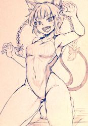 Rule 34 | 1girl, animal ears, bare legs, barefoot, braid, breasts, cat ears, cat tail, claw pose, competition swimsuit, covered navel, d-m (dii emu), extra ears, eyelashes, fang, greyscale, kaenbyou rin, kneeling, long hair, looking at viewer, monochrome, nekomata, one-piece swimsuit, open mouth, small breasts, swimsuit, tail, toes, touhou, traditional media, twin braids