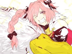 Rule 34 | 1boy, astolfo (fate), bird, blush, braid, cape, clenched teeth, closed eyes, fate/apocrypha, fate (series), gloves, grin, long hair, one eye closed, open mouth, pink eyes, pink hair, ribbon, teeth