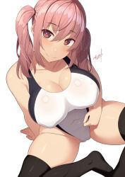 1girl bare_shoulders black_thighhighs breasts cameltoe cleavage cleft_of_venus collarbone commentary_request competition_swimsuit covered_navel highleg highleg_one-piece_swimsuit highres looking_at_viewer one-piece_swimsuit original pink_hair red_eyes samegami sitting skin_tight smile solo swimsuit thighhighs thighs twintails