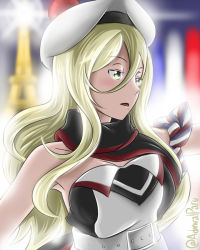 Rule 34 | 1girl, admiral paru, armband, bare shoulders, belt, beret, blonde hair, blue eyes, commentary request, dress, hair between eyes, hat, kantai collection, long hair, mole, mole under eye, mole under mouth, multicolored clothes, multicolored dress, multicolored scarf, pom pom (clothes), richelieu (kancolle), scarf, strapless, strapless dress, white hat