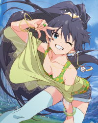 Rule 34 | 10s, 1girl, artist request, black hair, blue eyes, bracelet, breasts, character name, denim, denim shorts, earrings, fingernails, ganaha hibiki, grin, idolmaster, idolmaster (classic), idolmaster million live!, jewelry, long fingernails, long hair, medium breasts, necklace, off shoulder, official art, one eye closed, pendant, ponytail, shorts, signature, smile, solo, thighhighs, very long hair, wink