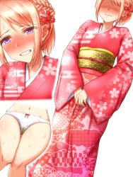 Rule 34 | 1girl, apotea, blonde hair, blush, bow, bow panties, braid, cameltoe, clenched teeth, dutch angle, embarrassed, female focus, flat chest, floral print, flower, french braid, hair flower, hair ornament, half-closed eyes, hands together, have to pee, japanese clothes, kimono, long sleeves, multiple views, navel, nose blush, obi, original, panties, pink kimono, purple eyes, red flower, sash, short hair, simple background, skindentation, standing, sweat, teeth, textless version, underwear, wet, wet clothes, wet panties, white background, white panties, wide sleeves