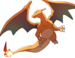 Rule 34 | blurry, charizard, claws, closed mouth, creatures (company), fangs, fangs out, flame-tipped tail, from below, game freak, gen 1 pokemon, green eyes, morio (poke orio), nintendo, no humans, pokemon, pokemon (creature), solo, white background