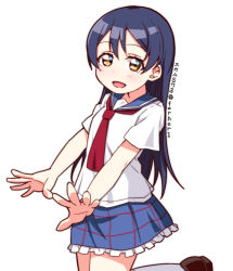 Rule 34 | 1girl, aged down, blue hair, blush, commentary request, hair between eyes, long hair, looking at viewer, love live!, love live! school idol project, open mouth, school uniform, serafuku, simple background, skull573, smile, solo, sonoda umi, white background, yellow eyes