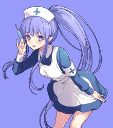 Rule 34 | 1girl, apron, armband, blue background, blue dress, blue eyes, blue hair, blush, breasts, collarbone, dress, fate/grand order, fate (series), hair between eyes, hat, leaning forward, long hair, looking at viewer, medea (lily) (fate), nurse, nurse cap, open mouth, pointy ears, ponytail, sidelocks, simple background, small breasts, solo, syringe, thighs, very long hair, vivi (eve no hakoniwa)