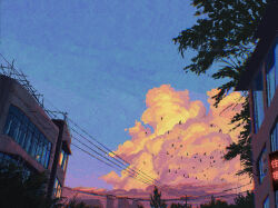 building chromatic_aberration cloud fangpeii flock highres lamppost neon_sign no_humans original outdoors power_lines scenery simple_bird sky sunset tree utility_pole window