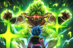 Rule 34 | 2boys, angry, arms up, biceps, black vest, blank eyes, blue hair, bracer, broly (dragon ball super), cape, collarbone, commentary request, dragon ball, dragon ball super, dragon ball super broly, energy, facial scar, facing away, fur cape, glowing, glowing eyes, gogeta, green cape, green hair, highres, legendary super saiyan, looking at another, male focus, metamoran vest, multiple boys, muscular, muscular male, open mouth, pants, papita pochi, parted bangs, pectorals, purple pants, red eyes, scar, scar on cheek, scar on chest, scar on face, spiked hair, standing, super saiyan, super saiyan blue, teeth, topless, topless male, v-shaped eyebrows, v-shaped eyes, vest, waist cape