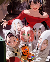 Rule 34 | 3girls, 4boys, anya (spy x family), bare shoulders, becky blackbell, black dress, black hair, blush, brown eyes, brown hair, candy, child, closed eyes, closed mouth, collarbone, damian desmond, dated, dress, food, ghost costume, green eyes, halloween, halloween costume, highres, jack-o&#039;-lantern, long sleeves, multiple boys, multiple girls, object on head, off shoulder, open mouth, outdoors, panties, panties on head, panty mask, pink hair, red sweater, school uniform, short twintails, smile, spy x family, sweatdrop, sweater, trick or treat, twilight (spy x family), twintails, underwear, yor briar, zumi (zumidraws)