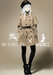 Rule 34 | 1girl, absurdres, artist request, bad id, bad pixiv id, black hat, black pantyhose, blame!, boots, buttons, cibo, coat, contrapposto, cyborg, double-breasted, english text, fashion, full body, gradient background, hands in pockets, hat, highres, inverness cape, long hair, looking at viewer, orihika, pantyhose, silver hair, simple background, solo, standing
