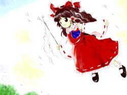 Rule 34 | 1girl, ascot, black footwear, blue ascot, bobby socks, bow, brown eyes, brown hair, closed mouth, detached sleeves, frilled bow, frilled hair tubes, frilled skirt, frills, gohei, hair bow, hair tubes, hakurei reimu, highres, holding, holding gohei, long hair, long sleeves, mary janes, medinki, official style, red bow, red skirt, red vest, ribbon-trimmed skirt, ribbon-trimmed sleeves, ribbon trim, shoes, skirt, skirt set, smile, socks, solo, touhou, vest, white sleeves, white socks, wide sleeves, zun (style)