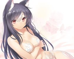 Rule 34 | 1girl, 47agdragon, :o, animal ears, bare arms, bare shoulders, black hair, blush, breasts, cleavage, collarbone, flower, fox ears, groin, hair flower, hair ornament, long hair, looking at viewer, medium breasts, multicolored hair, navel, parted lips, pink flower, pink rose, revealing clothes, rose, solo, straight hair, streaked hair, swept bangs, upper body, very long hair, white hair