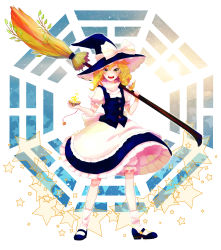 Rule 34 | 1girl, absurdres, blonde hair, bloomers, braid, broom, female focus, hat, highres, kirisame marisa, kyachi, mary janes, mini-hakkero, pepepo, shoes, short hair, solo, star (symbol), touhou, trigram, underwear, white background, witch, witch hat, yellow eyes