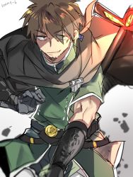 Rule 34 | 1boy, armor, beard, belt, brown eyes, brown hair, fate/grand order, fate (series), gauntlets, hector (fate), open mouth, pants, short hair, spear, weapon